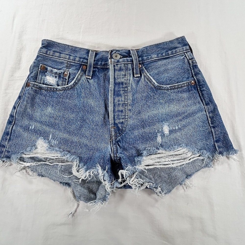 Levis Premium 501 Original Short 25 Blue Distressed Mid Rise Button Fly Big E 2"
